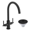 Matt Black Kitchen Sink Mixer Tap Dual Lever Swivel Spout & Basket Strainer Waste