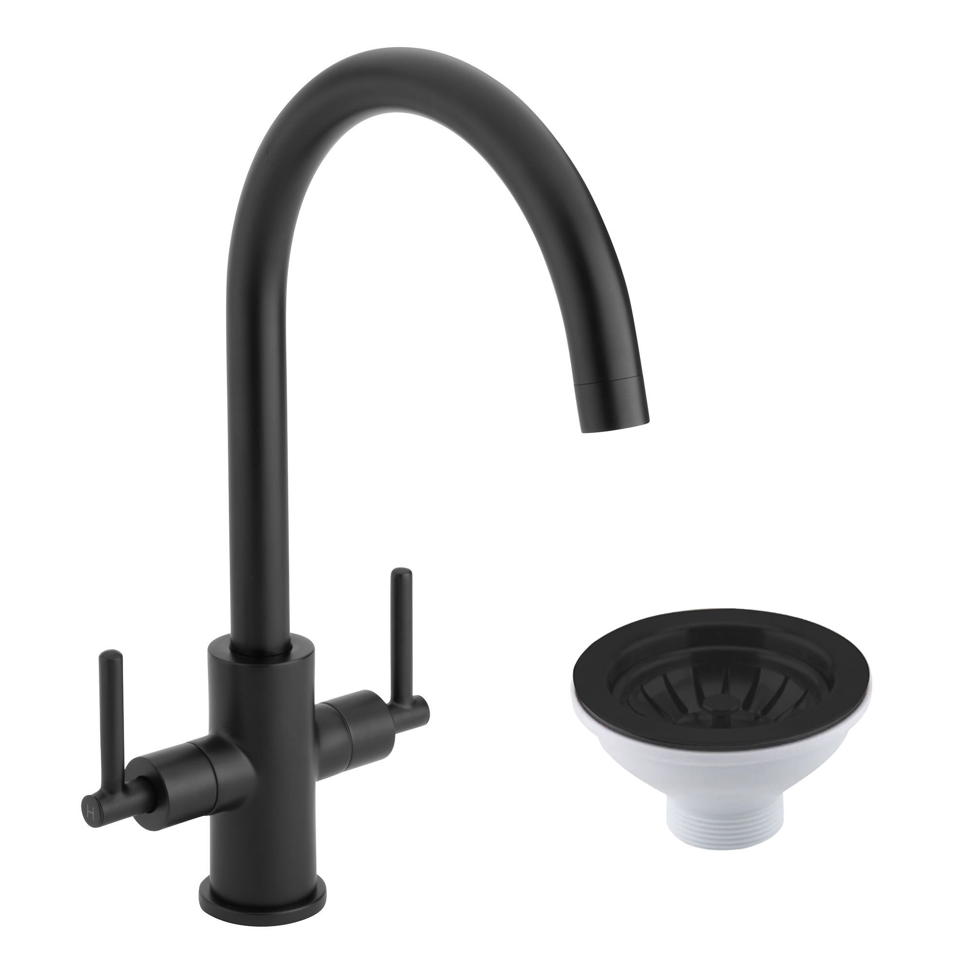 Matt Black Kitchen Sink Mixer Tap Dual Lever Swivel Spout & Basket Strainer Waste