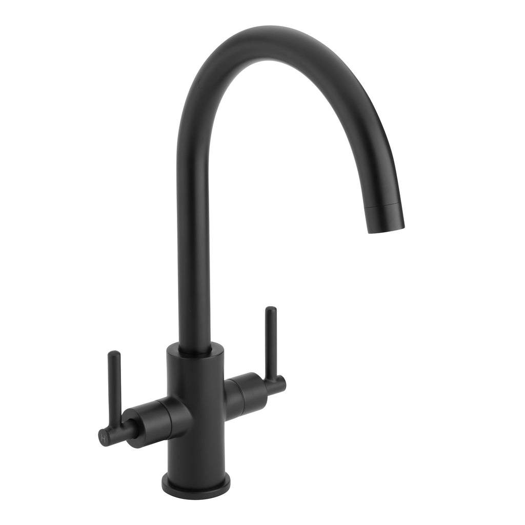 Matt Black Kitchen Sink Mixer Tap Dual Lever Swivel Spout & Basket Strainer Waste