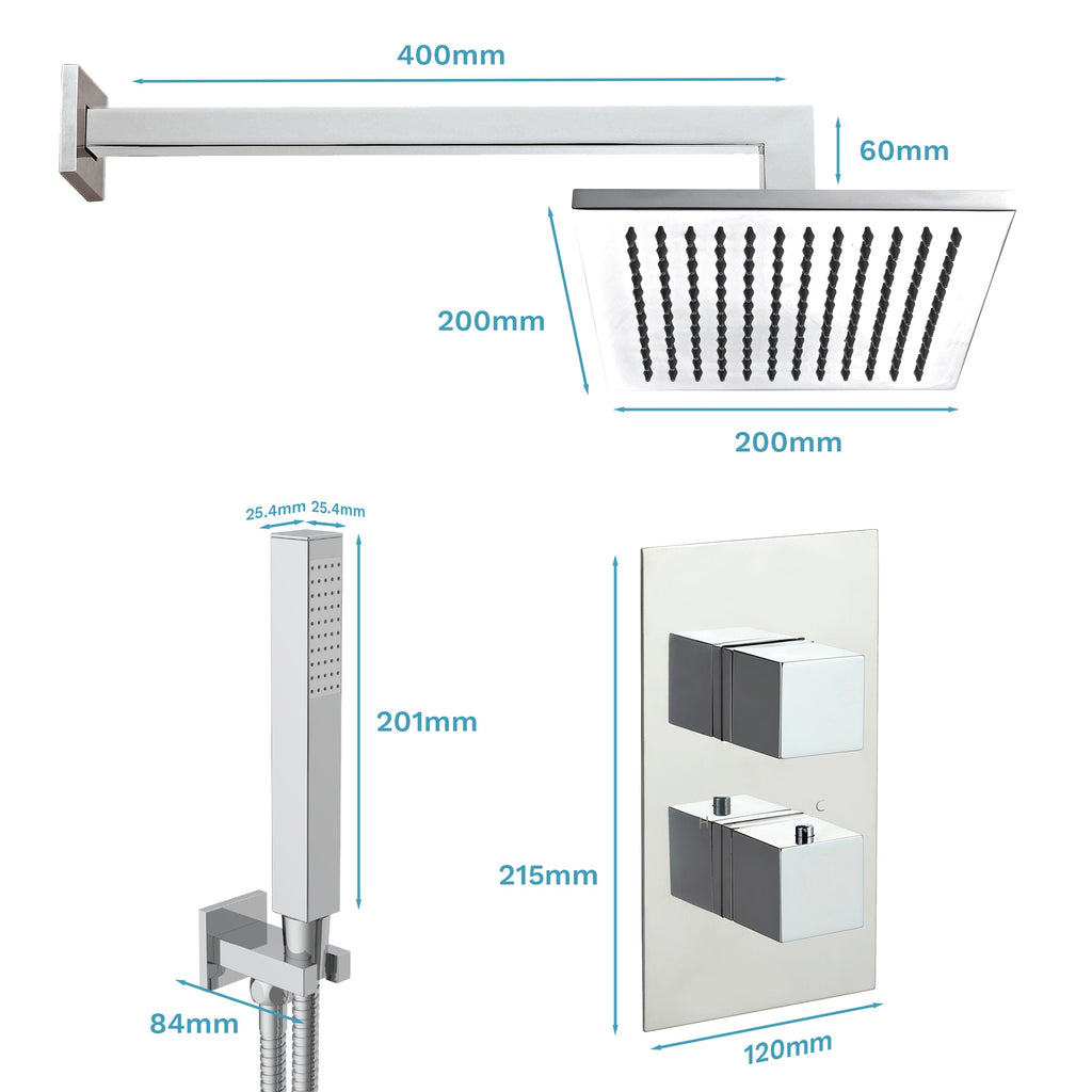 Athena Square Chrome Concealed Shower Valve 2 Handle 2 Outlet Luxury Solid Brass