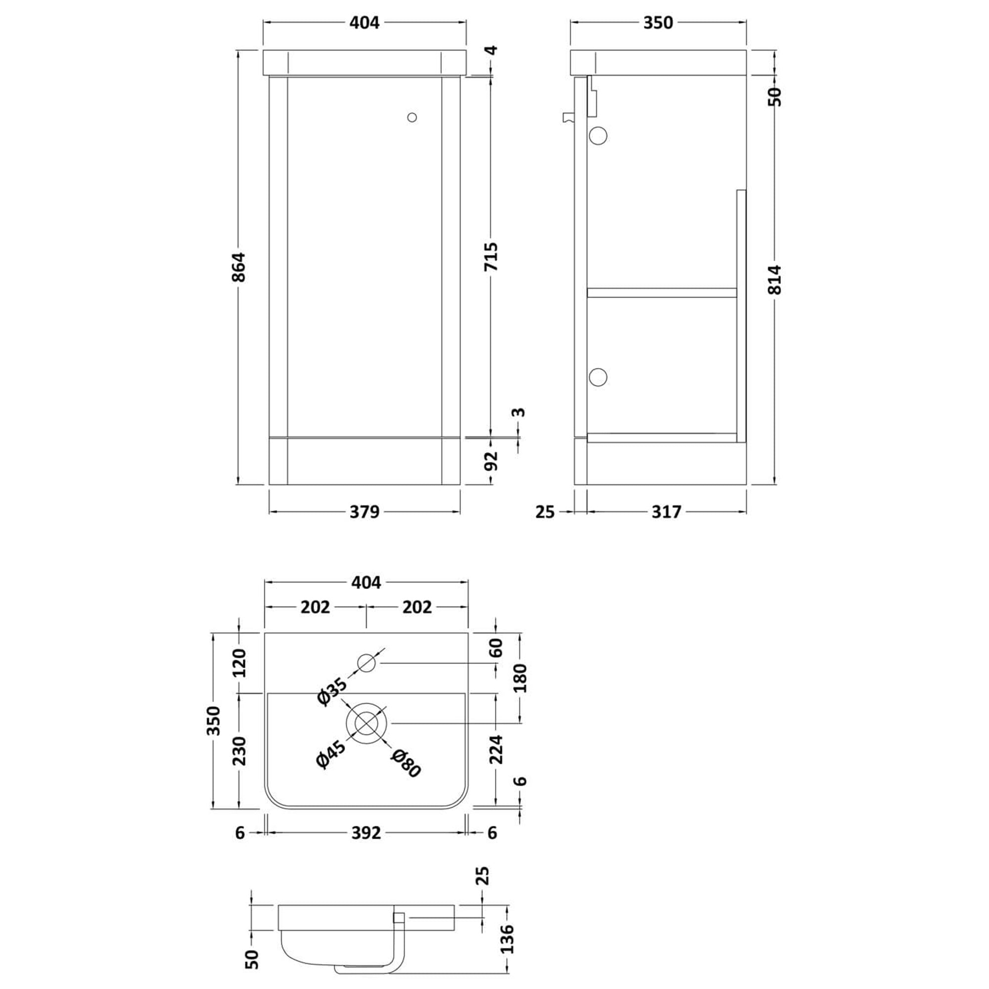 Satin Anthracite Grey Floor Standing 1-Door Vanity Unit with Thin Edge Basin 400mm Wide