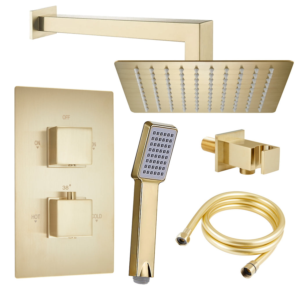 Brushed Brass Square Concealed Thermostatic Shower Valve Rainfall Set