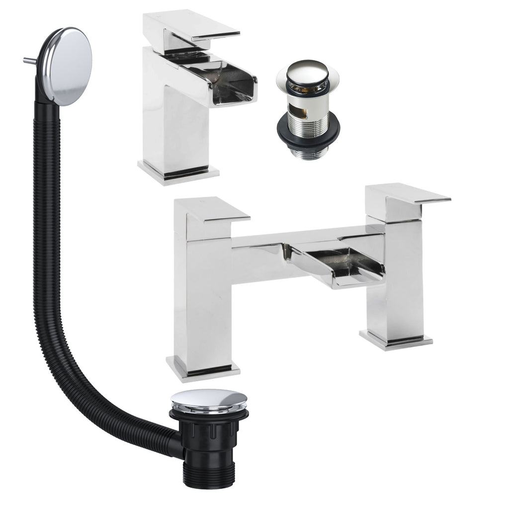 Chrome Waterfall Basin & Bath Filler Tap Pack Including Bath Waste