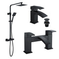 FNX Bathrooms Matt Black Thermostatic Square Overhead & Handheld Shower Kit with Lucia Basin & Bath Filler Taps
