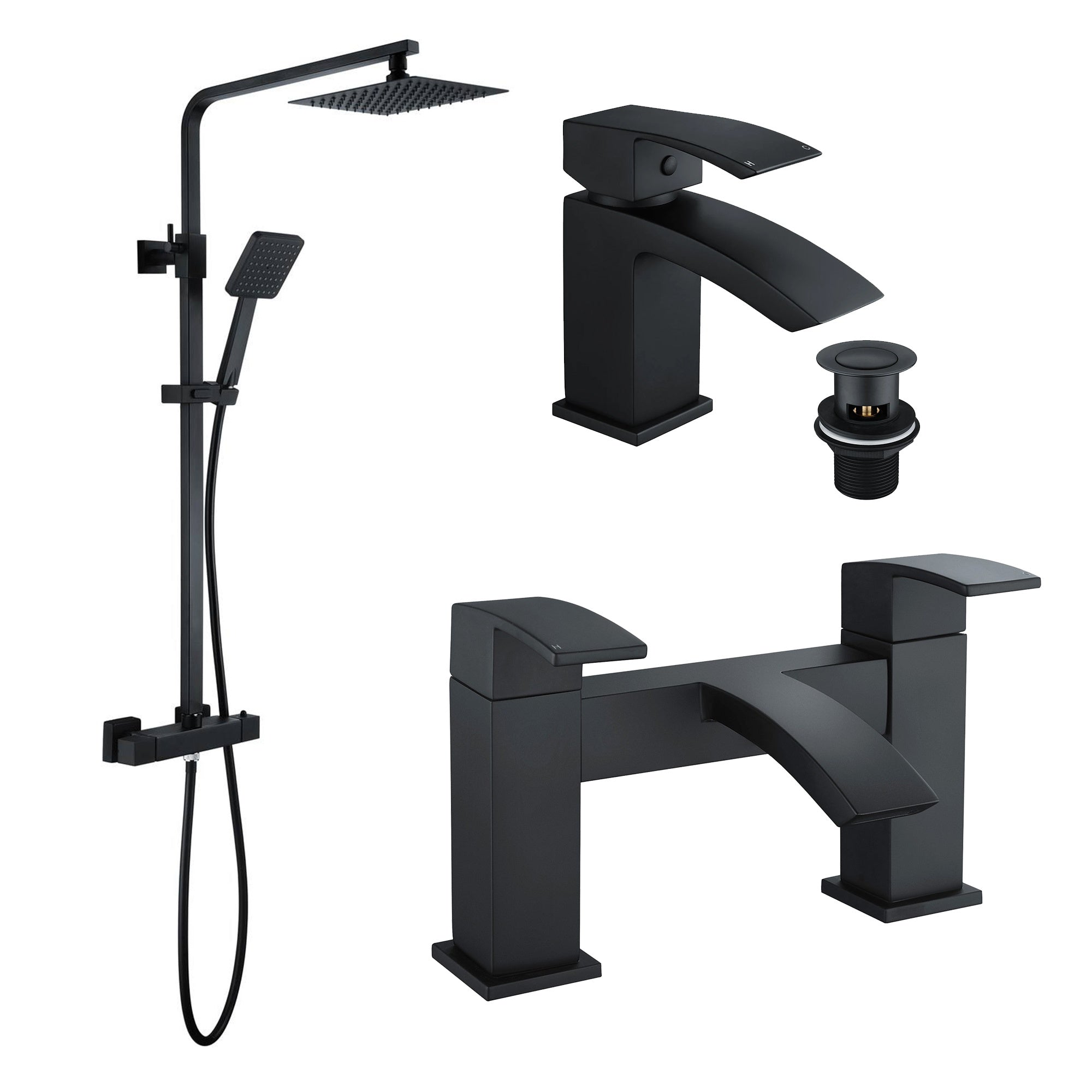 FNX Bathrooms Matt Black Thermostatic Square Overhead & Handheld Shower Kit with Lucia Basin & Bath Filler Taps