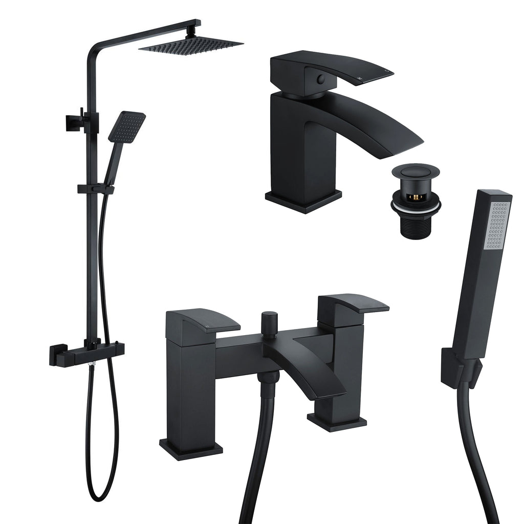 FNX Bathrooms Square Black Thermostatic Overhead Shower Kit with Handheld & Lucia Basin & Bath Shower Mixer Taps Pack