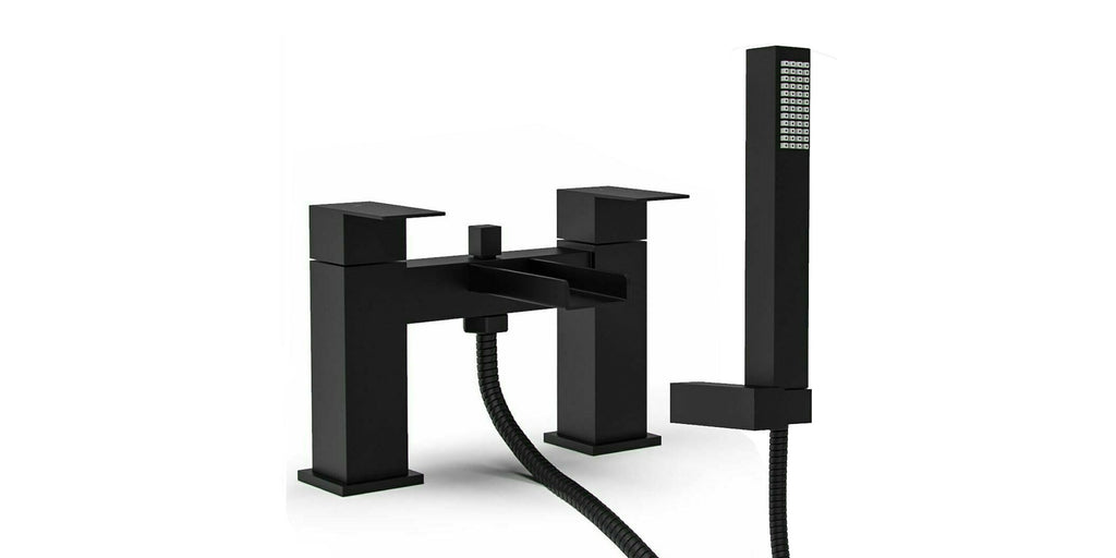 Matt Black Waterfall Bath Shower Mixer Tap & Square Shower Slide Rail Kit