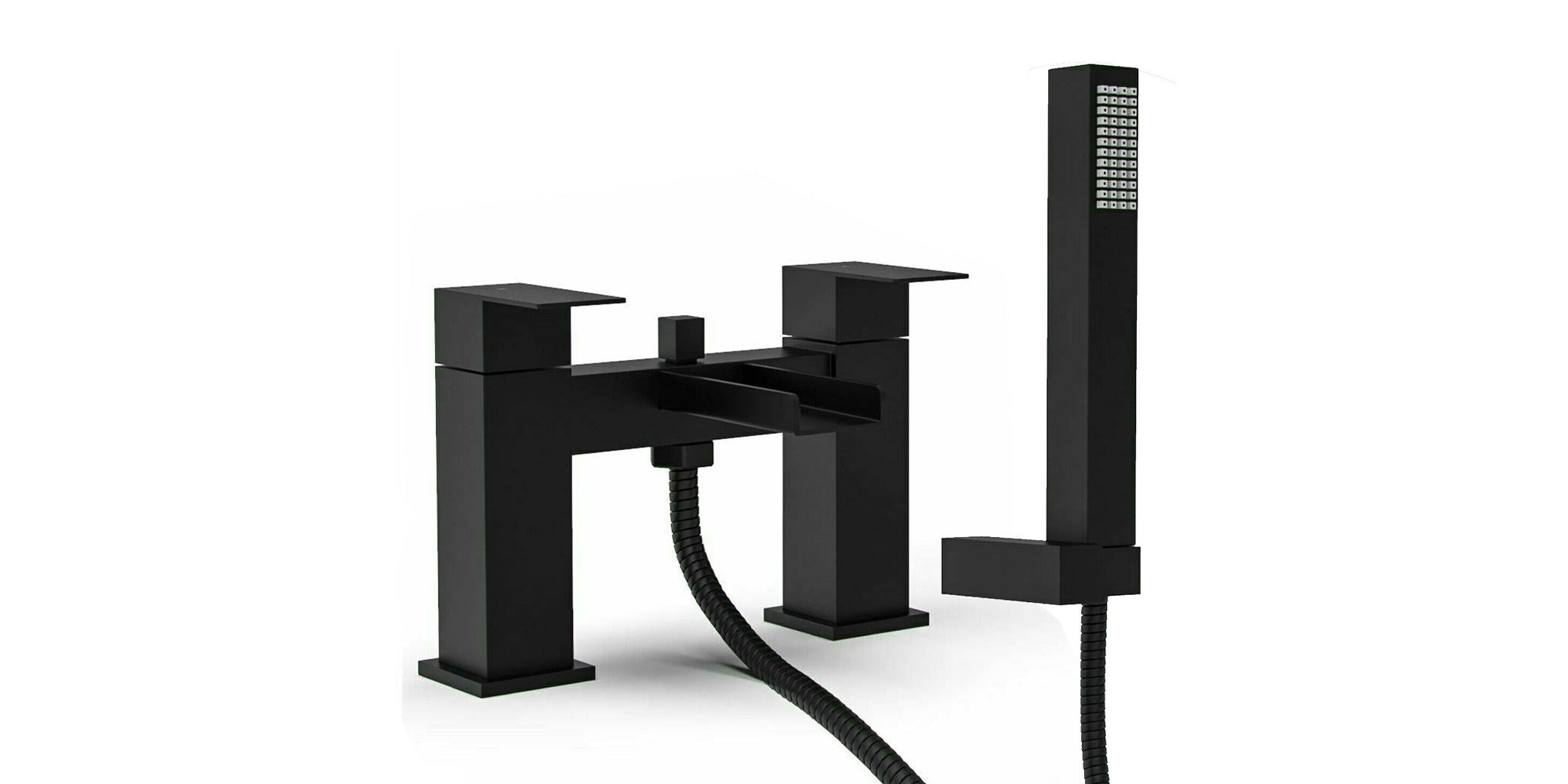 Matt Black Waterfall Bath Shower Mixer Tap & Square Shower Slide Rail Kit