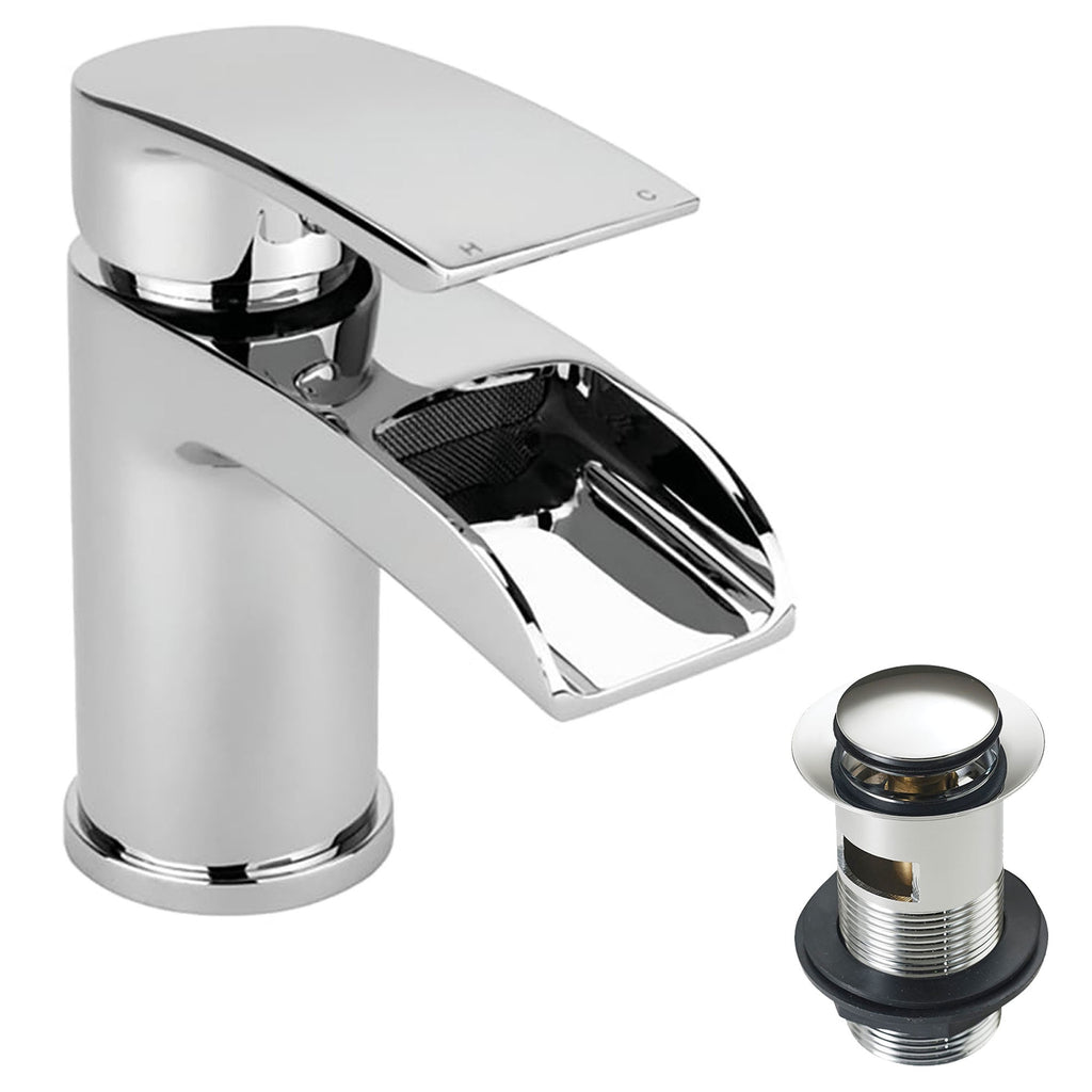 FNX Bathrooms Waterfall Basin Mixer Tap - Polished Chrome with Slotted Clicker Waste, Ideal for Cloakrooms