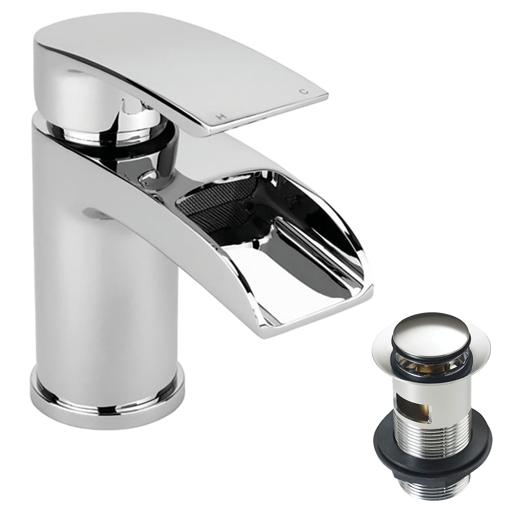 FNX Bathrooms Waterfall Basin Mixer Tap - Polished Chrome with Slotted Clicker Waste, Ideal for Cloakrooms