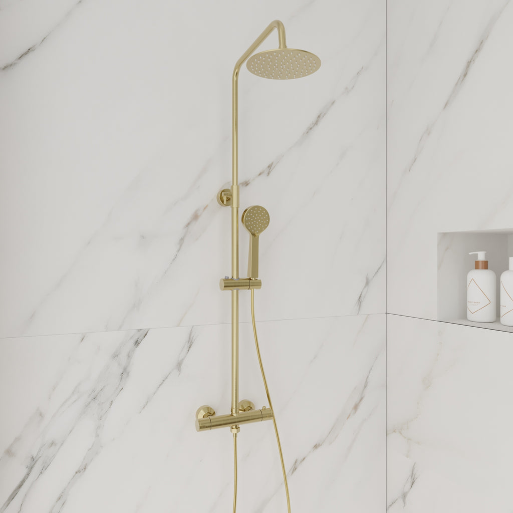 FNX Bathrooms Brushed Brass Thermostatic Mixer Shower Kit with Rainfall & Handheld Heads