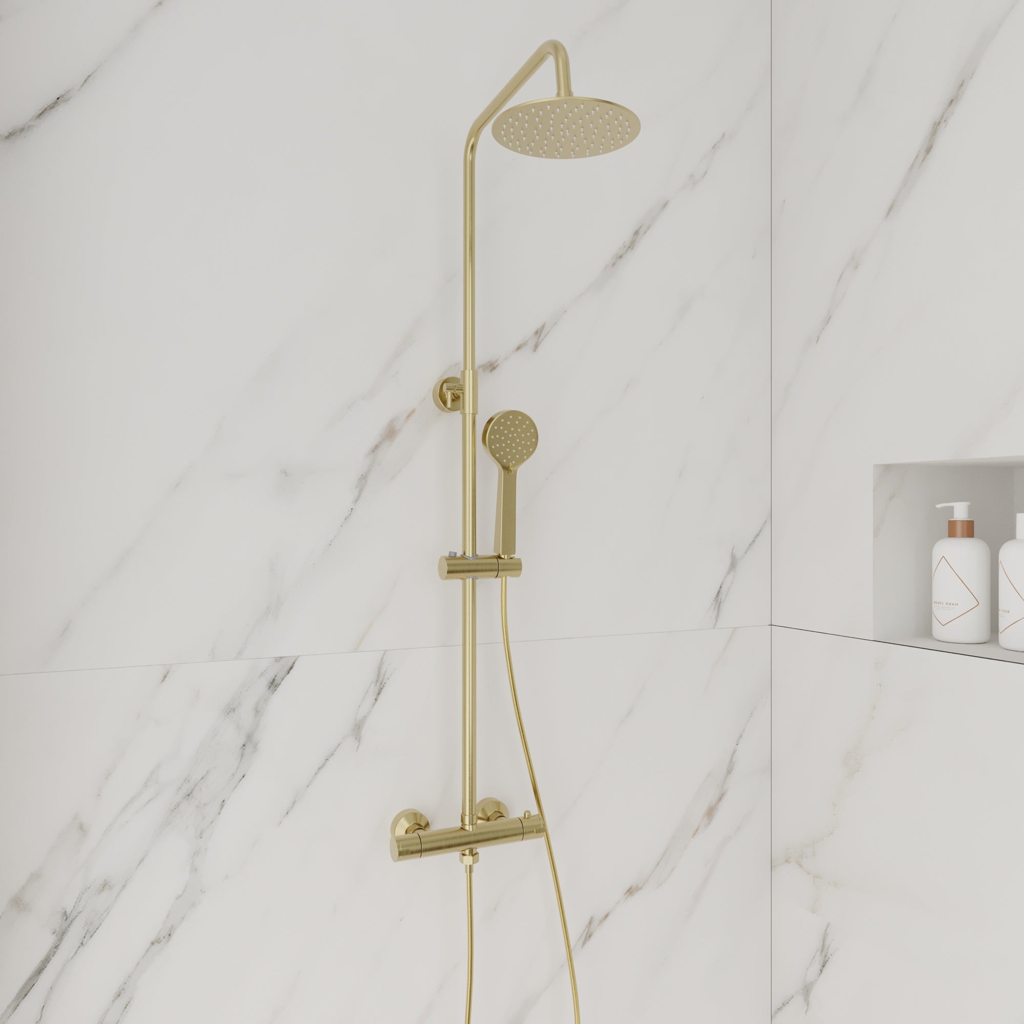 FNX Bathrooms Brushed Brass Thermostatic Mixer Shower Kit with Rainfall & Handheld Heads