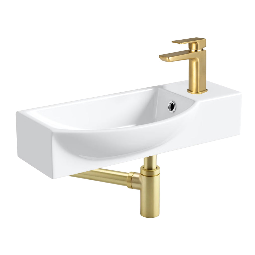 FNX Bathrooms 400mm Curved Wall Hung Cloakroom Basin with Brushed Brass Tap Set
