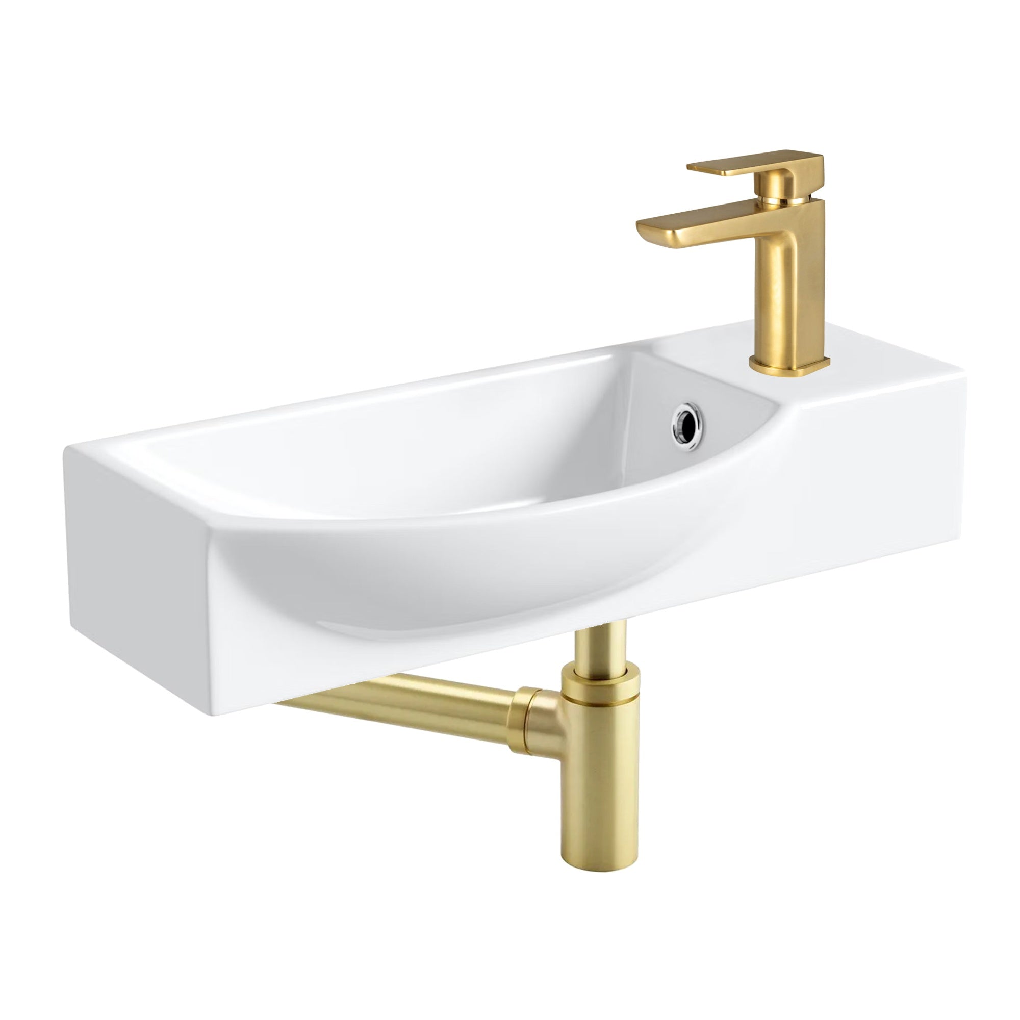 FNX Bathrooms 460mm White Ceramic Curved Wall-Hung Cloakroom Basin with Brushed Brass Tap & Waste Kit