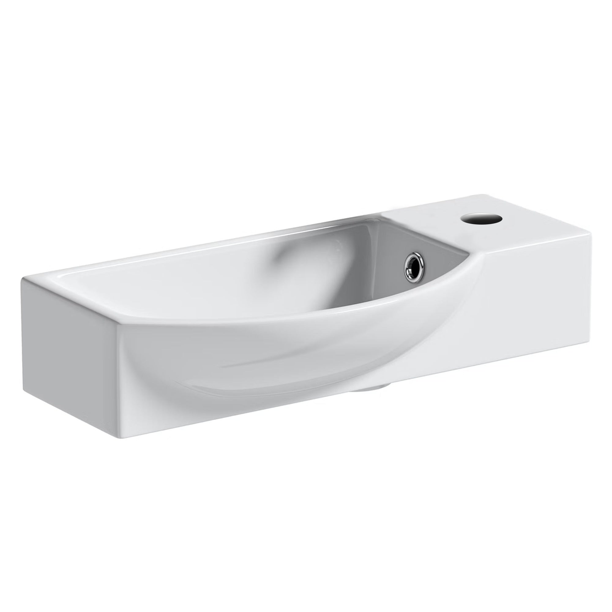 FNX Bathrooms 460mm White Ceramic Curved Wall-Hung Cloakroom Basin with Brushed Brass Tap & Waste Kit