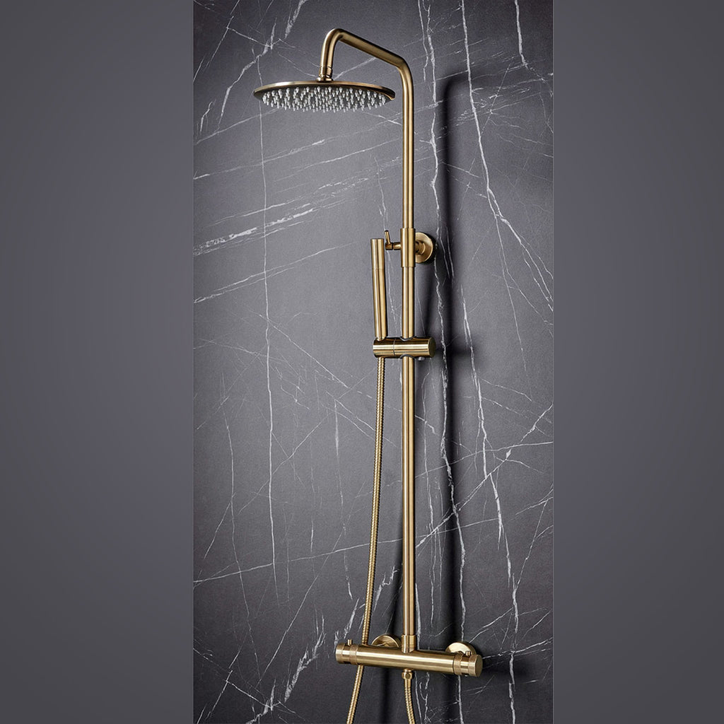 FNX Bathrooms Thermostatic Rigid Riser Shower Kit with Diamond Cut Handles - Brushed Brass Finish