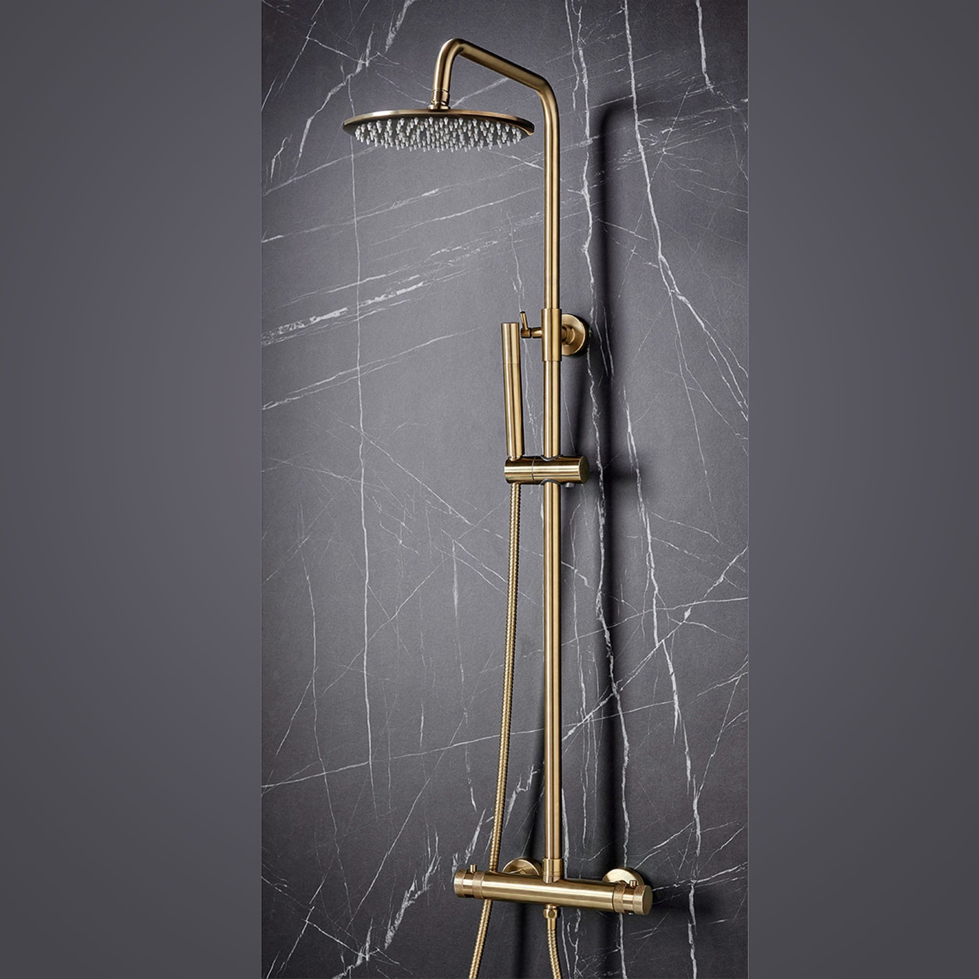 FNX Bathrooms Thermostatic Rigid Riser Shower Kit with Diamond Cut Handles - Brushed Brass Finish