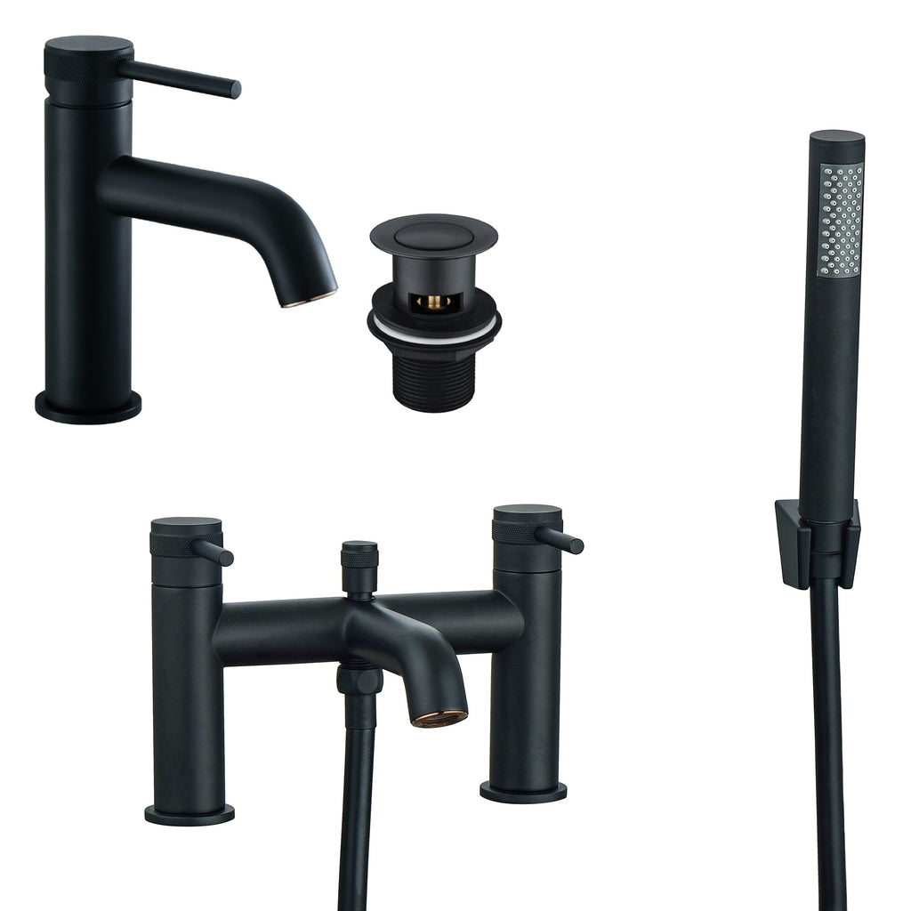 Ravello Matt Black Basin & Bath Shower Mixer Tap Set with Waste - Modern Brass Design