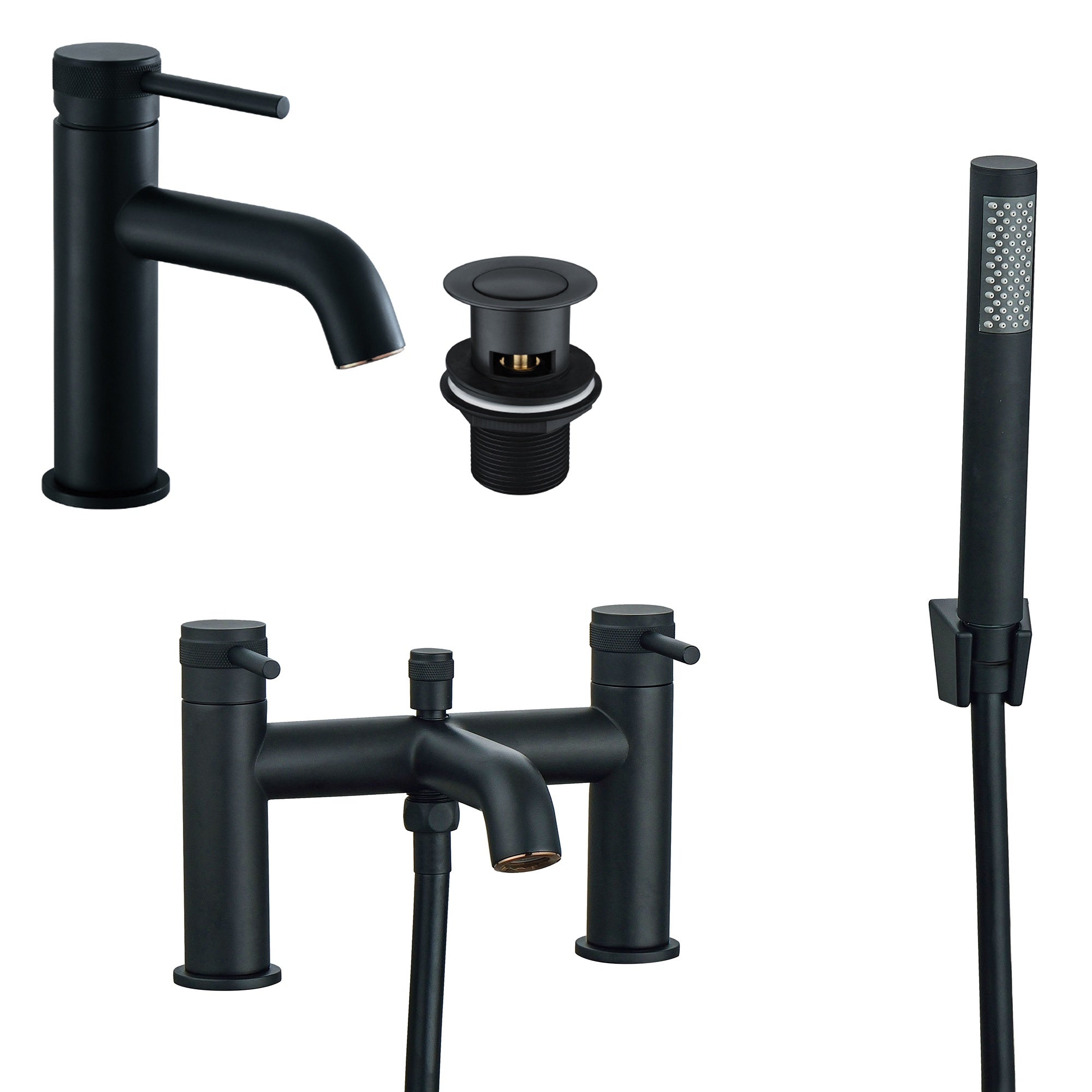 Ravello Matt Black Basin & Bath Shower Mixer Tap Set with Waste - Modern Brass Design