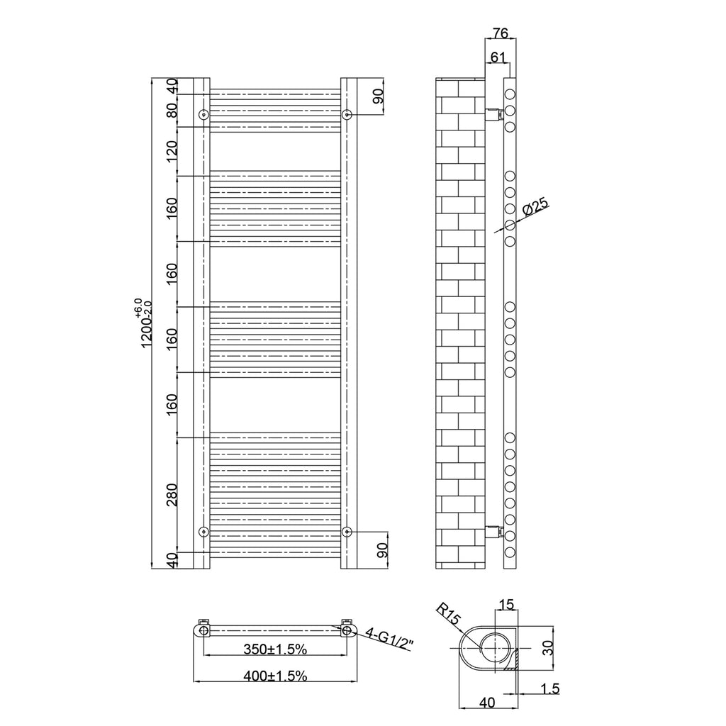 FNX Bathrooms Brushed Brass 1200x400mm Vertical Towel Radiator Ladder Rail Dual Fuel Compatible
