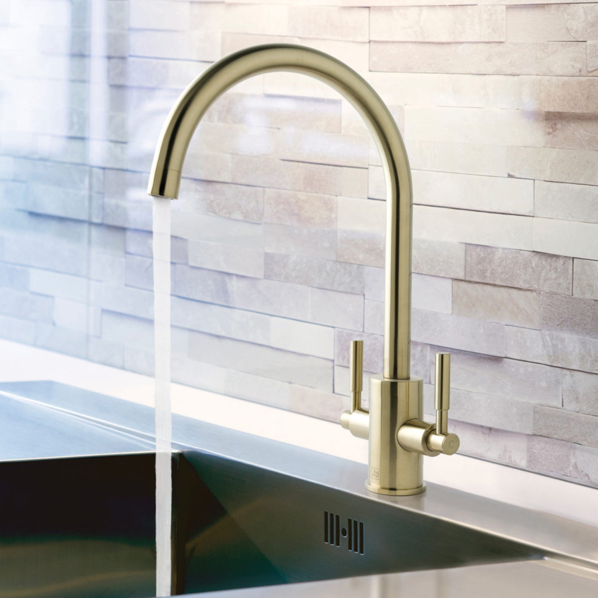 Newbury Brushed Brass Dual Lever Kitchen Mixer Tap with Overflow Wastes for 1.5 Bowl Sinks