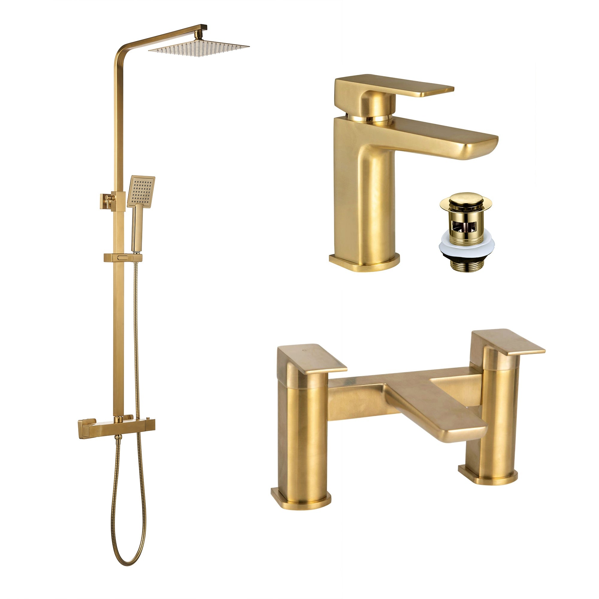 FNX Bathrooms Brushed Brass 4-Piece Shower Kit & Bathroom Mixer Pack with Rigid Riser & Rainfall Head