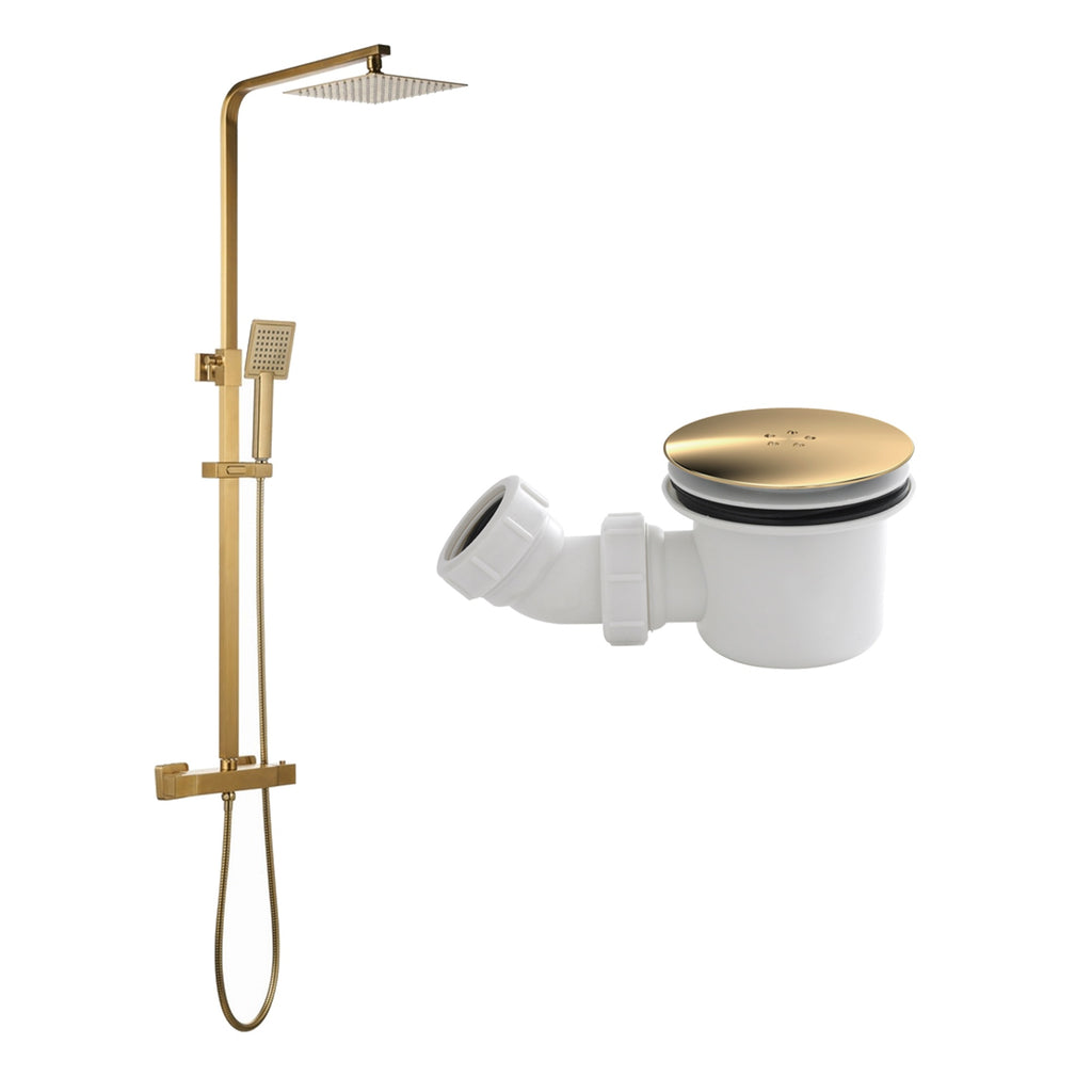 Luxury Brushed Brass Thermostatic Mixer Shower Kit with Rigid Riser & 90mm Waste