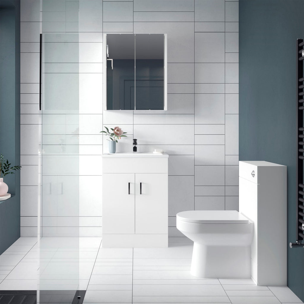 FNX Bathrooms 500mm Gloss White Freestanding Vanity Unit with Matt Black Tap & Handles