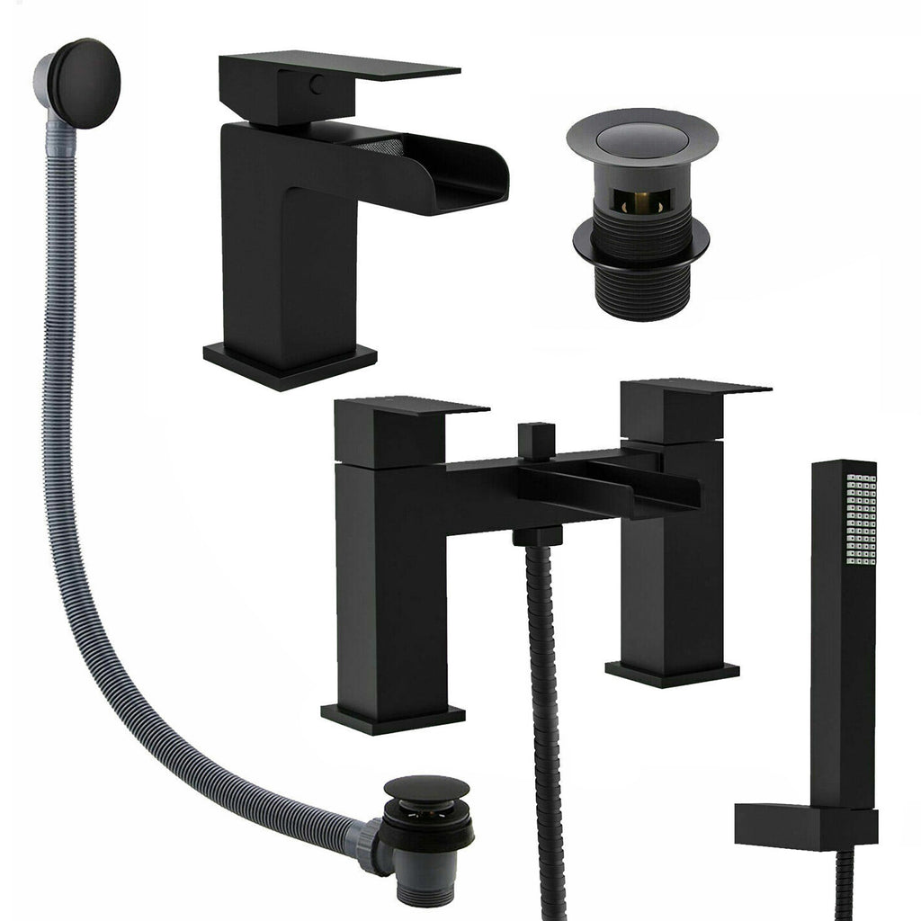 Luxury Matt Black Waterfall Square Basin Tap & Bath Shower Mixer Pack with Matching Wastes