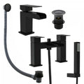Luxury Matt Black Waterfall Square Basin Tap & Bath Shower Mixer Pack with Matching Wastes