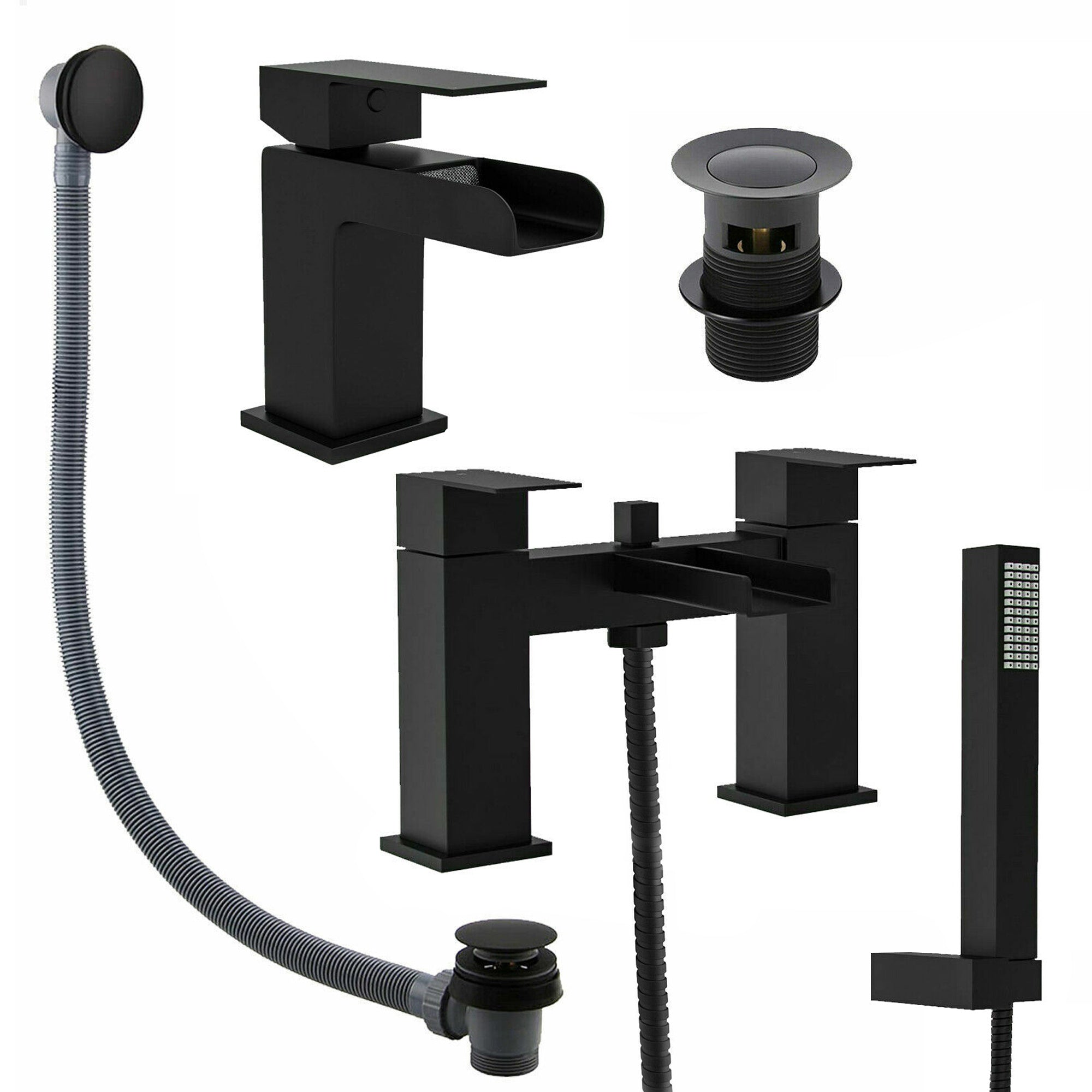 Luxury Matt Black Waterfall Square Basin Tap & Bath Shower Mixer Pack with Matching Wastes