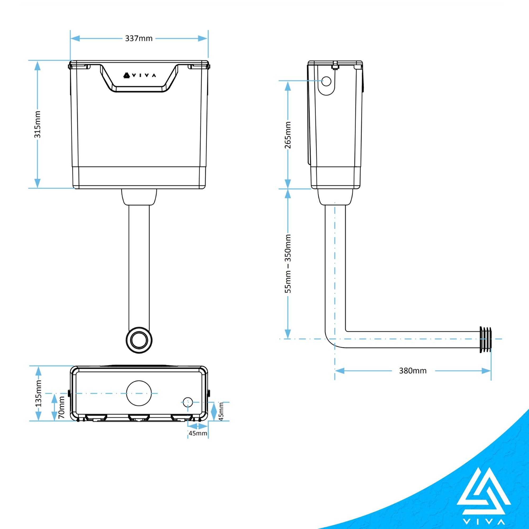 Viva Skylo Slimline Concealed Toilet Cistern with Black Dual Flush Push Button - Water-Saving, Bottom/Side Entry