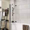 Matt Black Frameless 900 x 1500mm Bi Fold Bath Screen Outward Opening Toughened Safety Glass