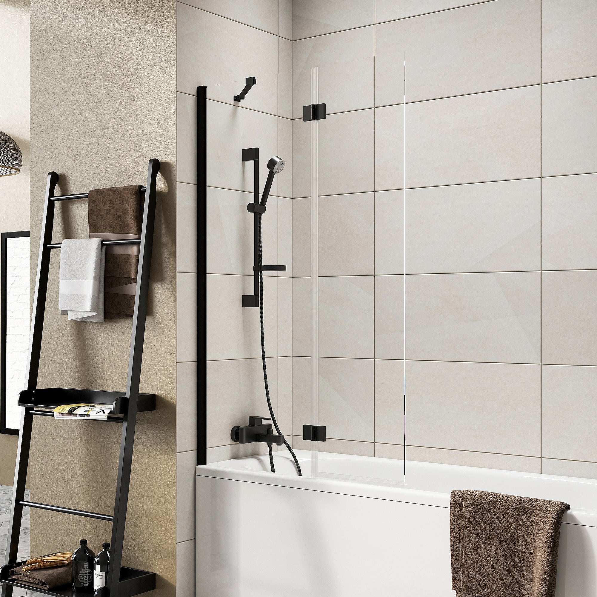 Matt Black Frameless 900 x 1500mm Bi Fold Bath Screen Outward Opening Toughened Safety Glass