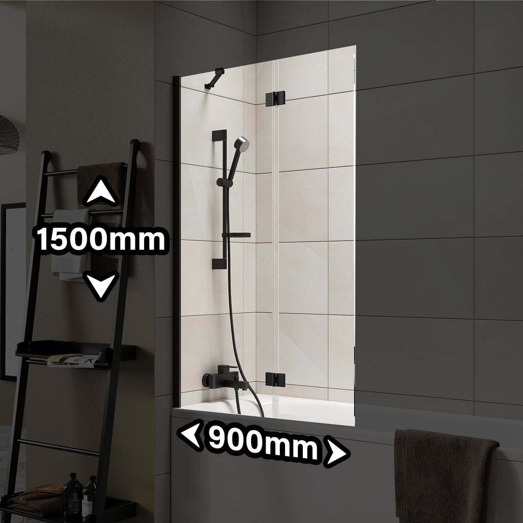 Matt Black Frameless 900 x 1500mm Bi Fold Bath Screen Outward Opening Toughened Safety Glass