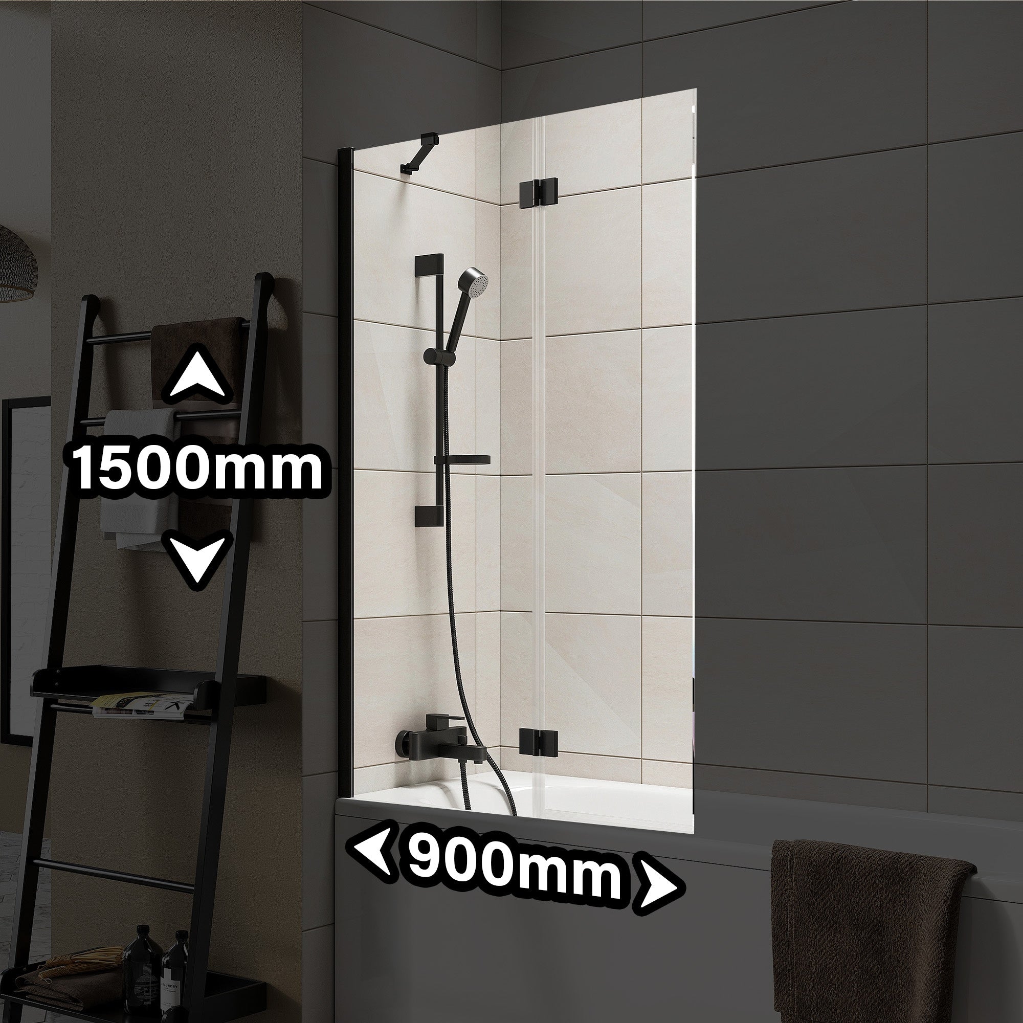 Matt Black Frameless 900 x 1500mm Bi Fold Bath Screen Outward Opening Toughened Safety Glass