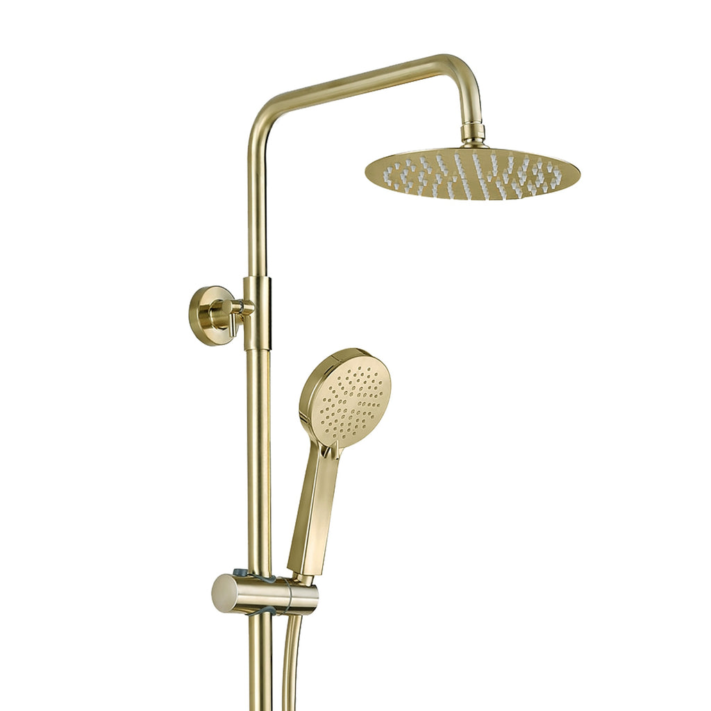Brushed Brass Overhead Thermostatic Rigid Riser Shower Kit - Twin Head Round