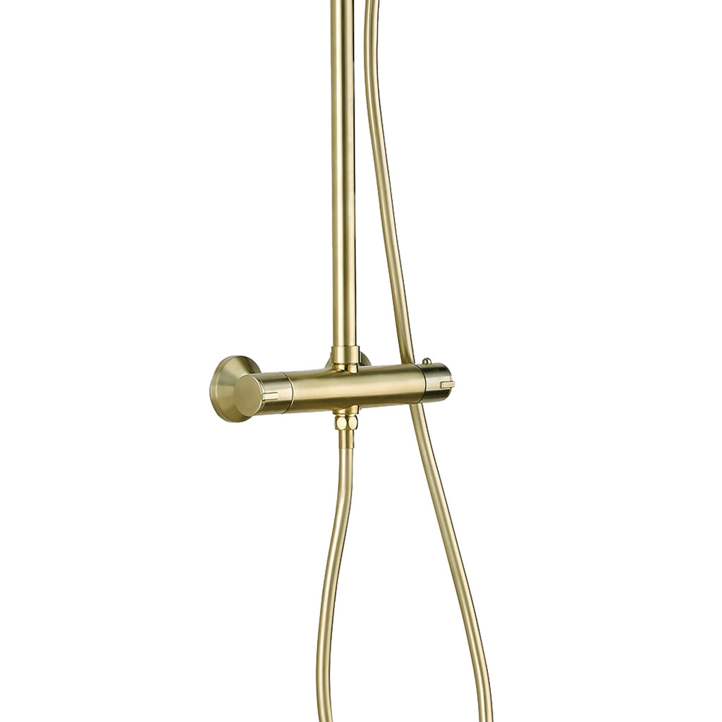 Brushed Brass Overhead Thermostatic Rigid Riser Shower Kit - Twin Head Round