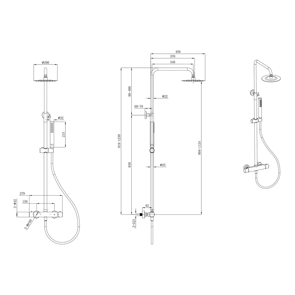 Brushed Brass Overhead Thermostatic Rigid Riser Shower Kit - Twin Head Round