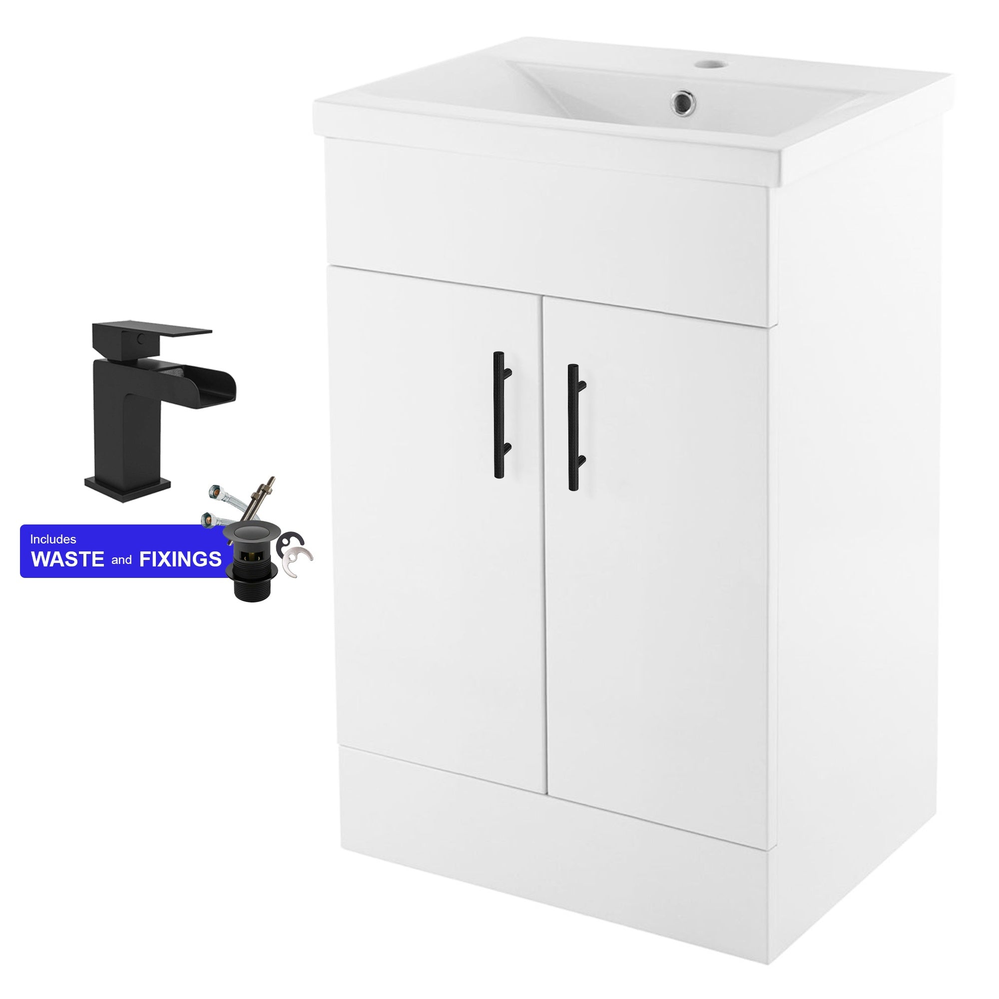 500mm Freestanding Bathroom Vanity Unit & Ceramic Basin Set - Gloss White with Soft-Close Doors, Black Handles & Matt Black Tap