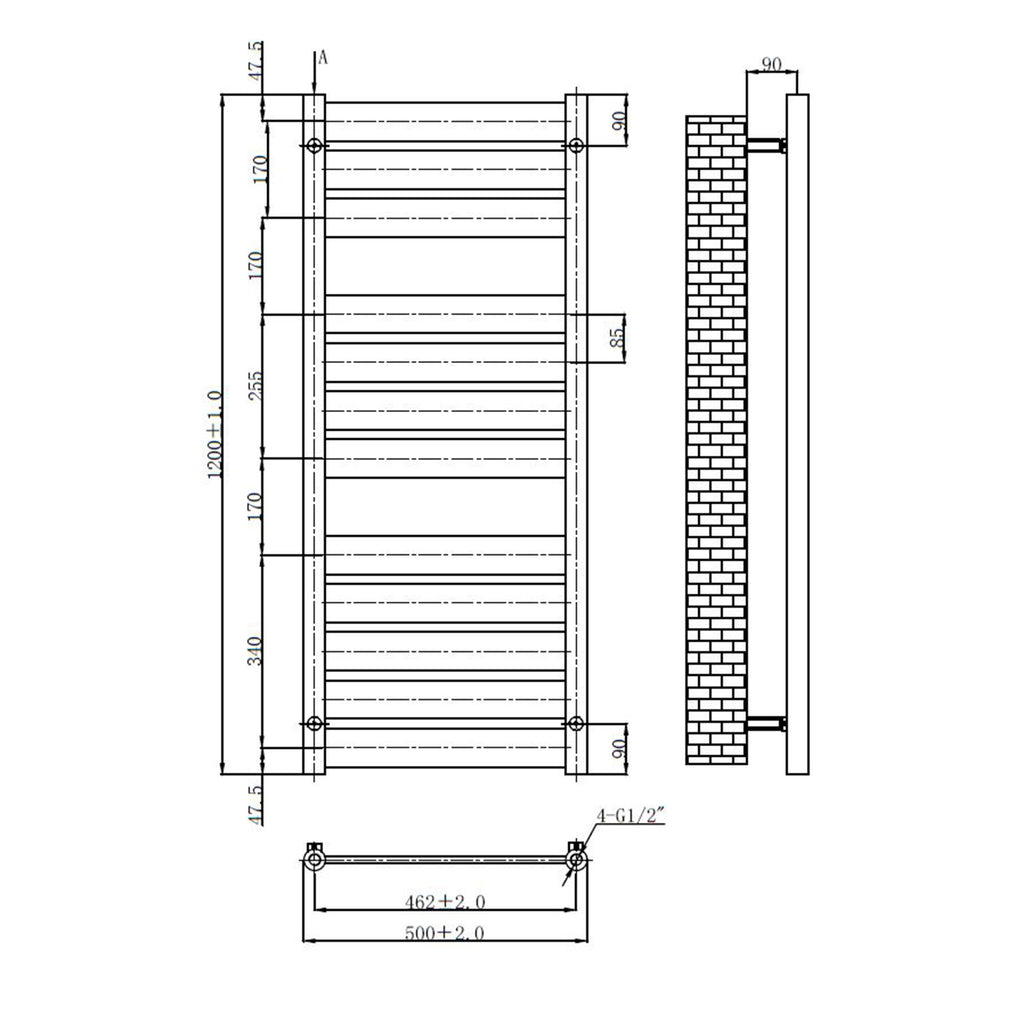 Brushed Brass 500 x 1200mm Towel Warmer Ladder Rail Radiator
