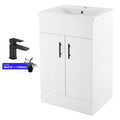 Modern 500mm White Gloss Cloakroom Vanity Unit with Ceramic Basin, 2 Soft-Close Doors, Black Handles & Matt Black Tap Set