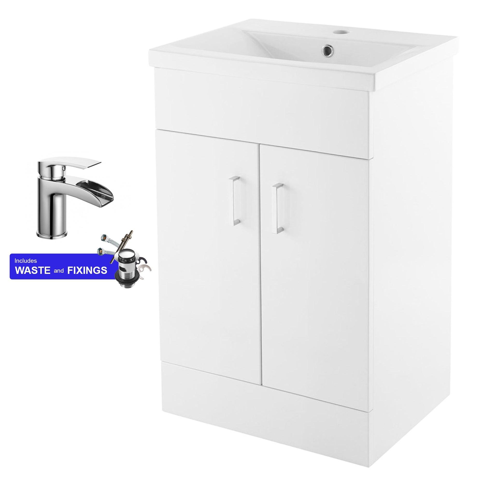 500mm Modern Freestanding Gloss White Bathroom Vanity Unit & Basin with 2 Soft-Close Doors & Polished Chrome Tap & Waste Set