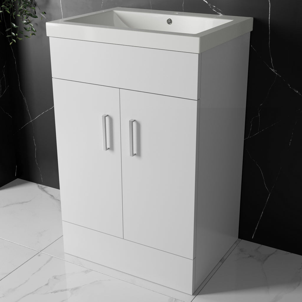 500mm Bathroom Floor Standing Vanity Unit & Basin Storage Cabinet with Soft Close Doors Gloss White
