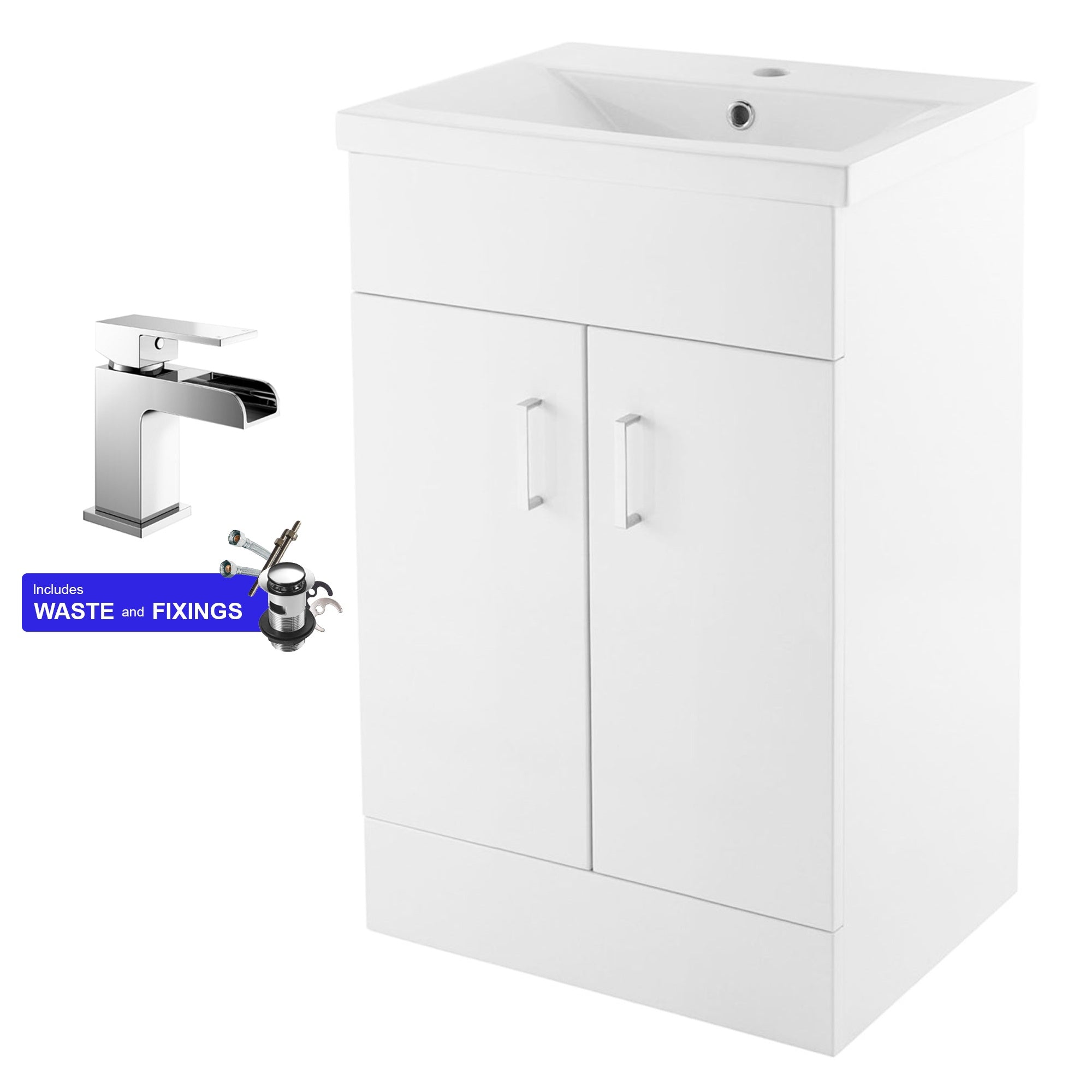 500mm White Cloakroom Vanity Unit & Basin Set with Chrome Mixer Tap, Modern Freestanding 2-Door Bathroom Cabinet