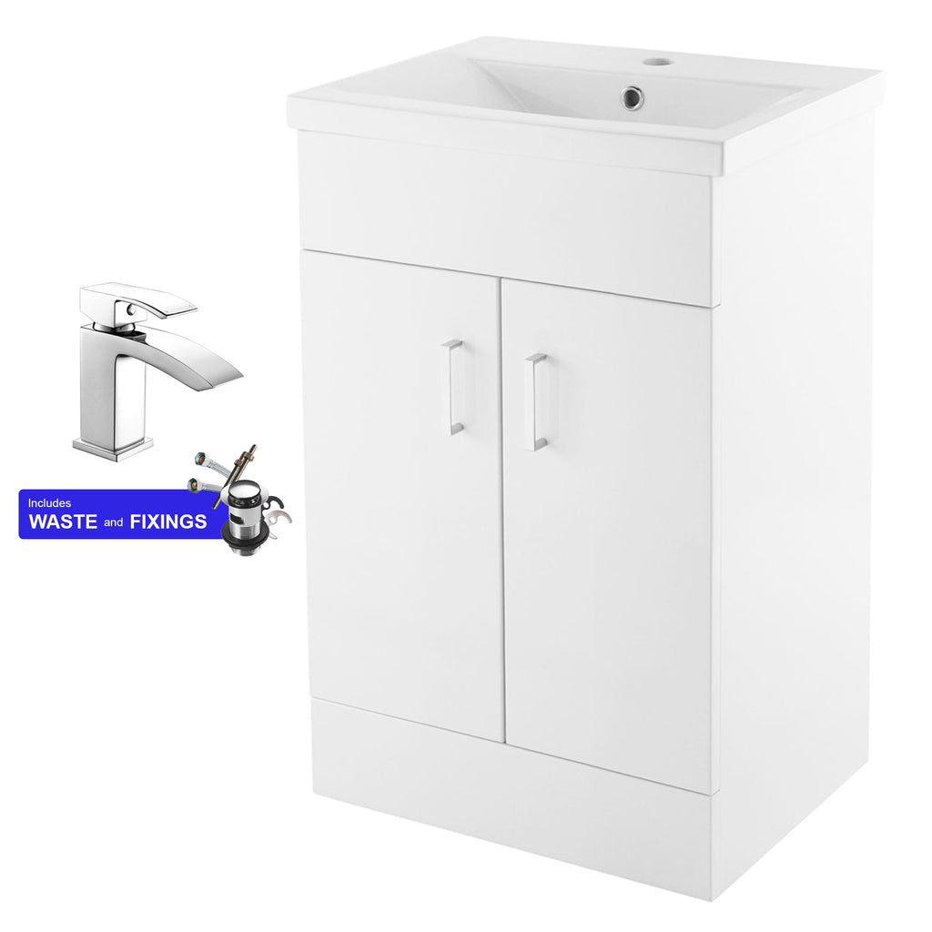 500mm White Gloss Cloakroom Vanity Unit with Basin, Soft Close Double Doors & Chrome Mixer Tap Set (Waste Included)