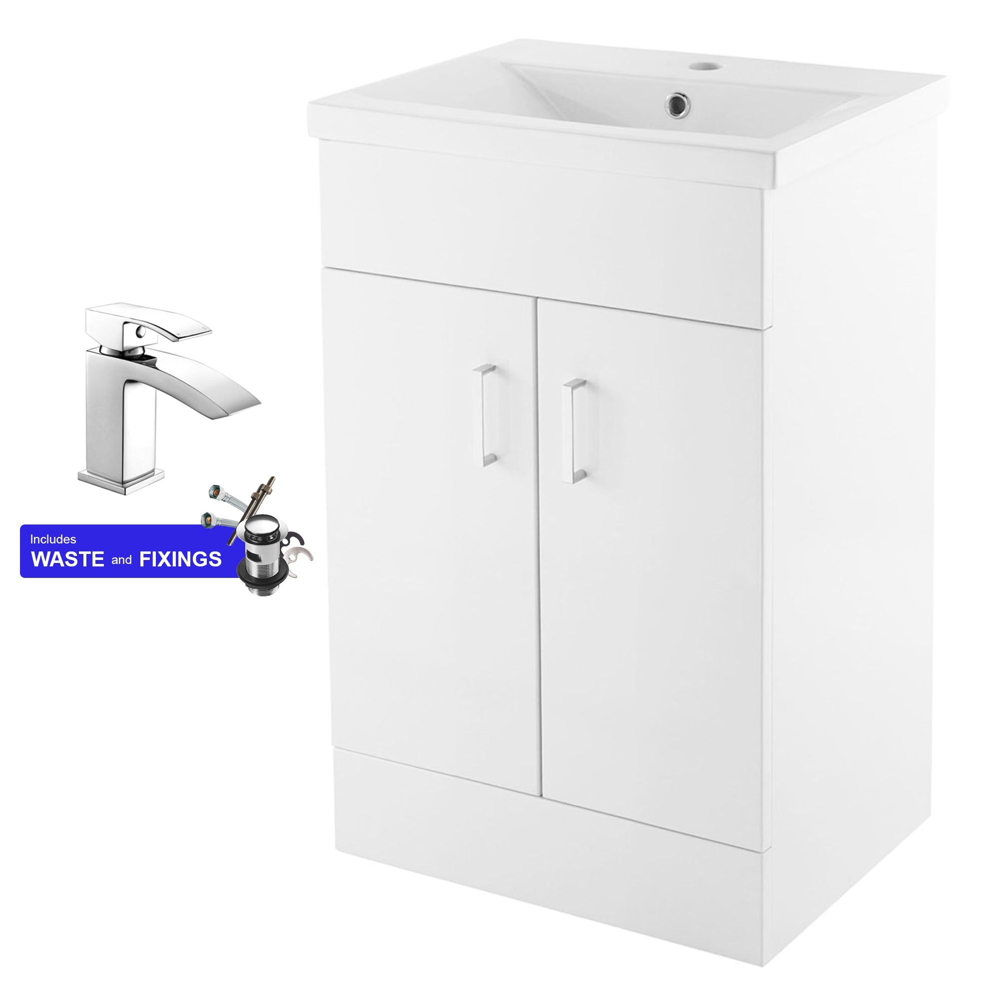 500mm White Gloss Cloakroom Vanity Unit with Basin, Soft Close Double Doors & Chrome Mixer Tap Set (Waste Included)