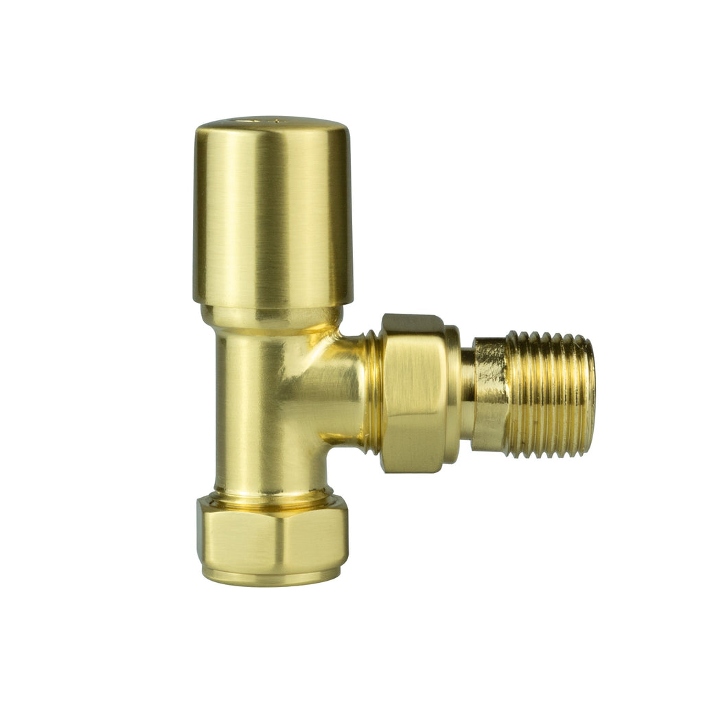 Angled Brushed Brass Round Manual Radiator Valves - 15mm x 1/2" Connections, Pair