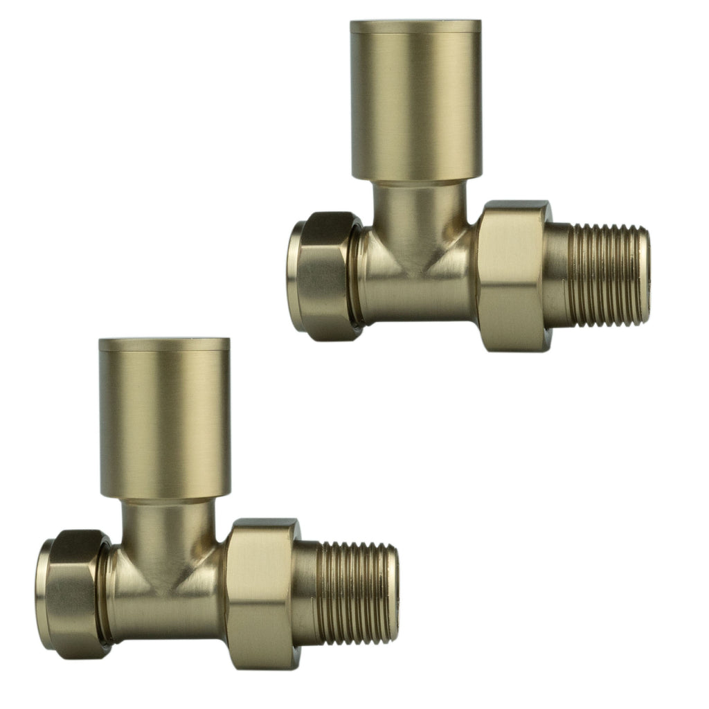 Brushed Brass Straight Manual Radiator Valves 15mm Modern Round Design - Pair