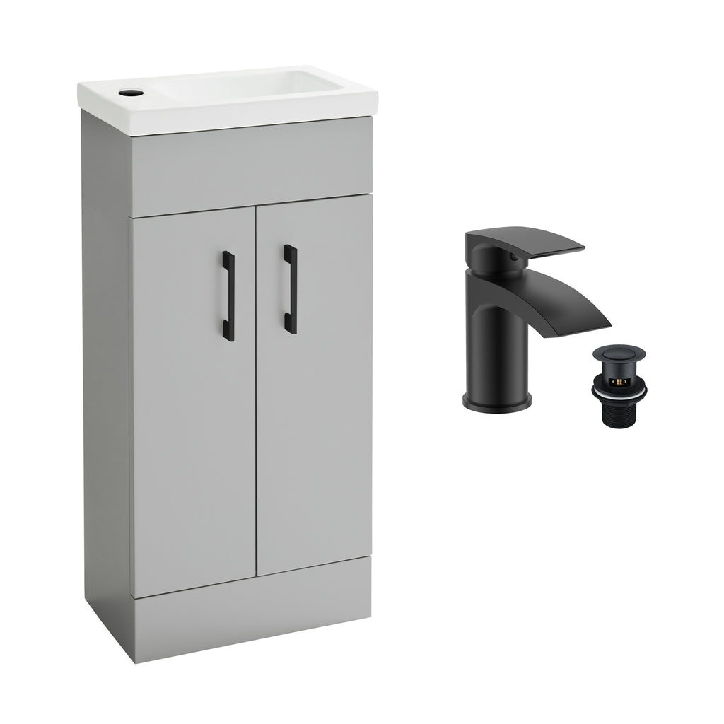 FNX Bathrooms Light Grey Matt 400mm Freestanding Vanity Unit with Ceramic Basin & Black Waterfall Mixer Tap